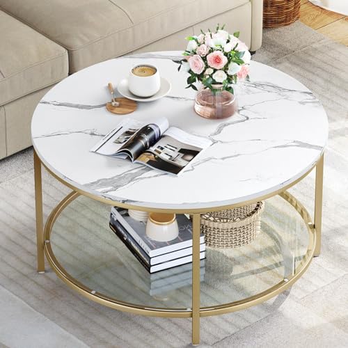 Modern Round White Marble Coffee Table with Glass Shelf - Elegant 2-Tier Center Table for Living Room with Black Metal Frame