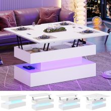 White lift-top coffee table with LED lighting and hidden storage compartments. Features a sleek high-gloss finish, metal gas lift mechanism, and RGB LED strip for customizable lighting.