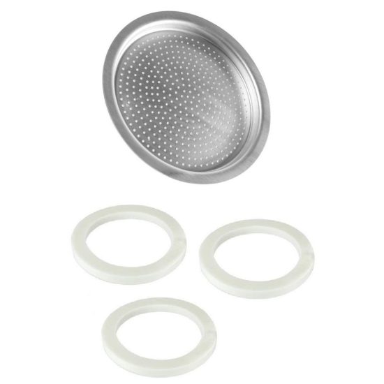 Univen 2.25” espresso filter and gasket seals set for Bialetti 3-cup models, including Moka Express and Moka Timer. Features a stainless steel filter plate and three food-safe EPDM rubber gaskets for a leak-proof seal and optimal brewing.