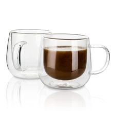 Set of two 10oz double-walled borosilicate glass coffee mugs with ergonomic handles, designed for both hot and cold beverages, featuring an elegant and functional design