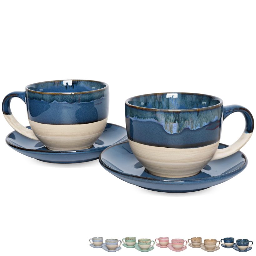 Bosmarlin 10 oz Ceramic Cappuccino Cups Set of 2 with Unique Reactive Glaze. Microwave and dishwasher safe, featuring a comfortable question mark-shaped handle and elegant design. Ideal for hot and cold beverages.