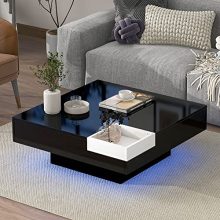 Sleek black square coffee table with LED lights and detachable tray, featuring modern minimalist design and remote-controlled 16-color lighting, ideal for contemporary living spaces.