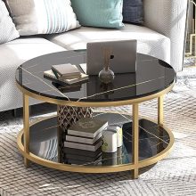 Modern round coffee table with high glossy black marble top and gold metal frame, featuring an open storage shelf, ideal for living room use.