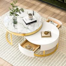 Modern Round Nesting Coffee Table Set with Marble Top and Gold Accents – Lift-Top Functionality and Storage Drawers