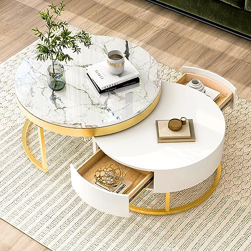 Modern Round Nesting Coffee Table Set with Marble Top and Gold Accents – Lift-Top Functionality and Storage Drawers