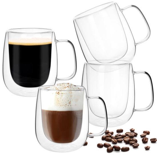 Moretoes 12oz Double-Walled Glass Coffee Mugs Set of 4. Features ergonomic design, heat-resistant borosilicate glass, and a unique roll-up rim. Ideal for both hot and cold beverages, microwave and dishwasher safe.