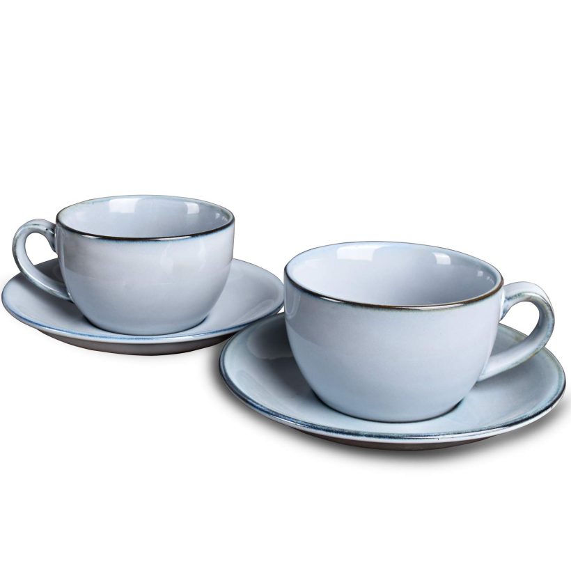 Bosmarlin Ceramic Coffee Cup and Saucer Set in Grey and Blue. Stylish 8.5 oz cups with unique reactive glaze, question mark-shaped handle for comfort