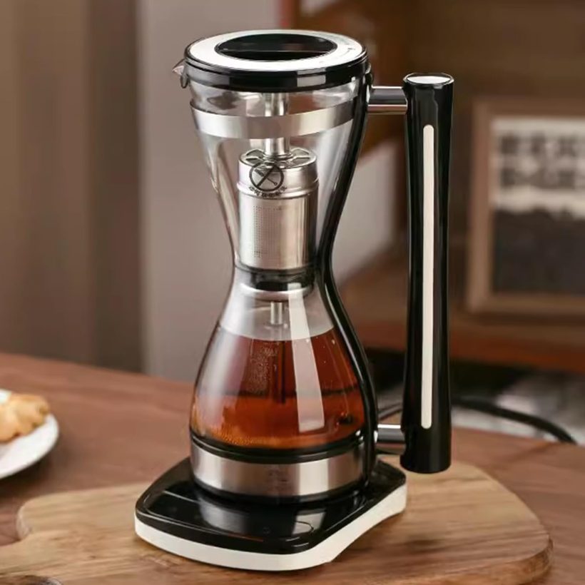 IXOAKQ Electric Siphon Coffee Maker – 240 ml heat-resistant glass coffee pot with stainless steel filter, touch panel controls, and separate base for home or office use.