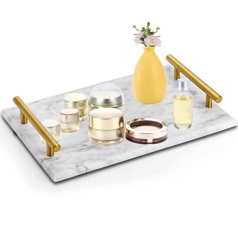 DEAYOU White Marble Tray with Gold Handles – Elegant rectangular serving tray for vanity, coffee table, and nightstand, featuring a polished marble surface and rustproof metal handles