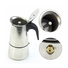 2-Cup Stainless Steel Moka Espresso Maker with a sleek design and ergonomic plastic handle, perfect for making espresso on the stove. Compact and stylish, ideal for small kitchens or office use.