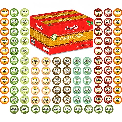 Cozy Up 10 Flavor Variety Tea Sampler Pack with 100 single-serving pods, compatible with Keurig K-Cup Brewers, showcasing premium natural tea leaves