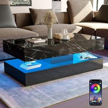 HOMFAMILIA LED Coffee Table with High Gloss Black Finish, 20 Colors LED Lights, 2 Storage Drawers, and Marbling Print