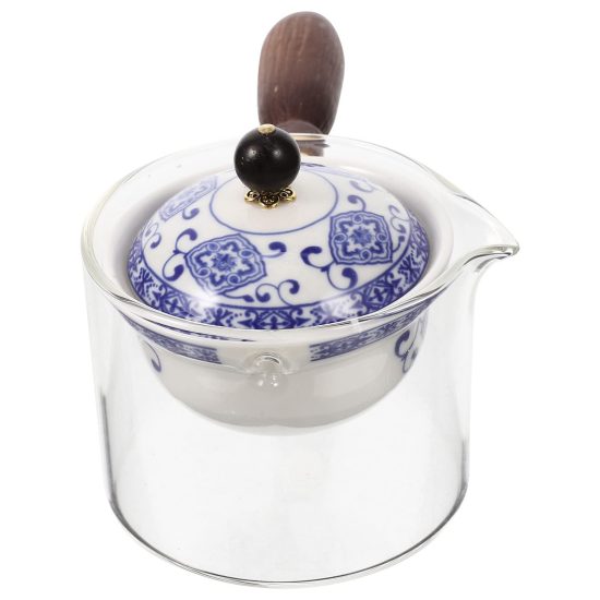 Vintage Chinese Glass Teapot with 360° Rotating Ceramic Infuser, featuring a side handle and elegant design, perfect for Kungfu tea ceremonies