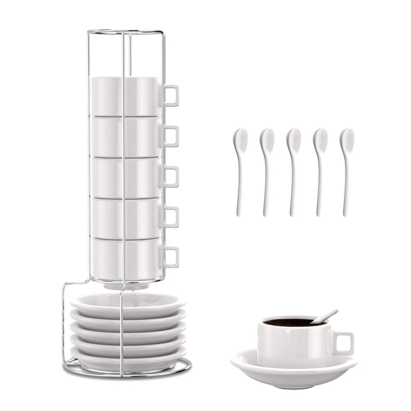 Houseables Espresso Cups Set with Metal Stand – 19 Pieces, 2.5 oz Porcelain Cups, Saucers, and Spoons, Stackable Design