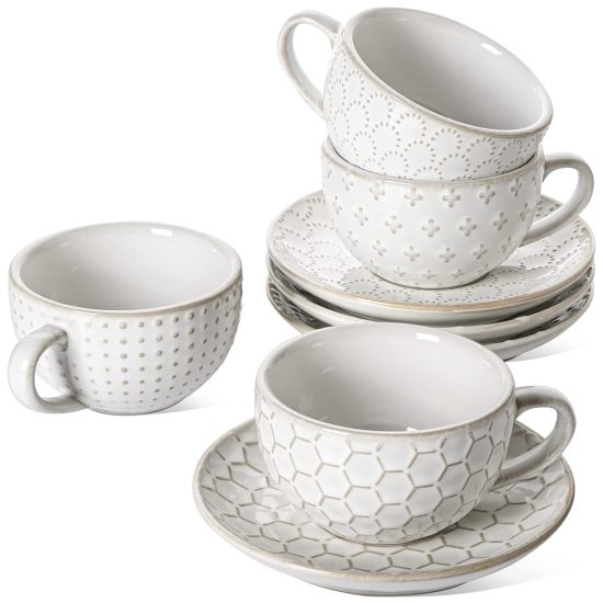 Set of 4 Arctic White cappuccino cups with saucers – 6 oz ceramic mugs with embossed design, perfect for coffee, latte, and tea