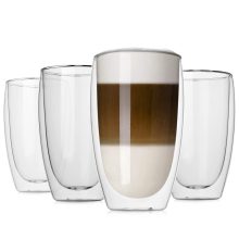 LUXU 16 Oz Double Walled Borosilicate Glass Coffee Mugs – Clear, elegant mugs with double-wall insulation for hot and cold beverages, shown in a set of four