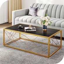 48-inch rectangular coffee table with a marble-patterned slate top and black metal frame with gold leaf accents, ideal for modern living rooms and stylish interiors