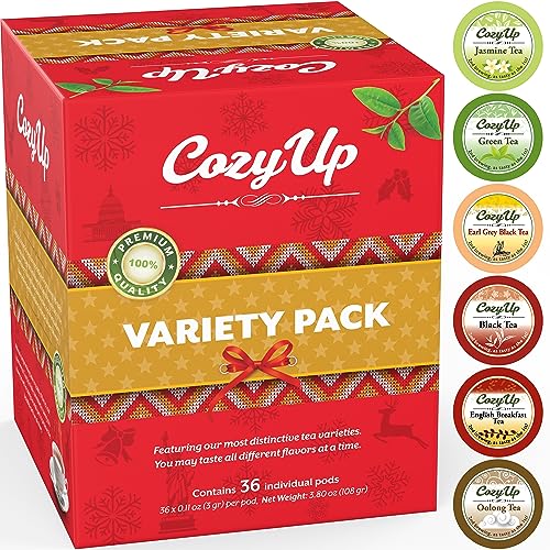 Cozy Up Tea Sampler Pack – 36 Keurig K-Cup Pods with 6 Flavors Including Green Tea, Black Tea, Jasmine Tea, Earl Grey, Oolong Tea, and English Breakfast