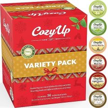 Cozy Up Tea Sampler Pack with 36 Single-Serve Pods, featuring six flavors for Keurig brewers, displayed in an elegant gift box.