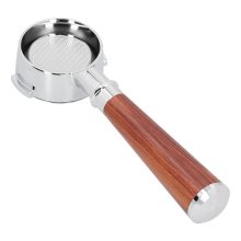 Close-up of a 58mm rosewood bottomless portafilter handle with an alloy body, designed for semi-automatic coffee machines, showcasing the rich wood grain and ergonomic grip