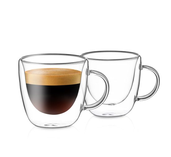 Set of two 4oz Red Rocks double-walled clear glass espresso cups with ergonomic handles, featuring an elegant floating effect and thermal insulation for maintaining beverage temperature.