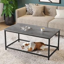 Modern coffee table with gray stone top and metal frame, featuring an open space design for additional storage. Ideal for living rooms and offices, easy to assemble.