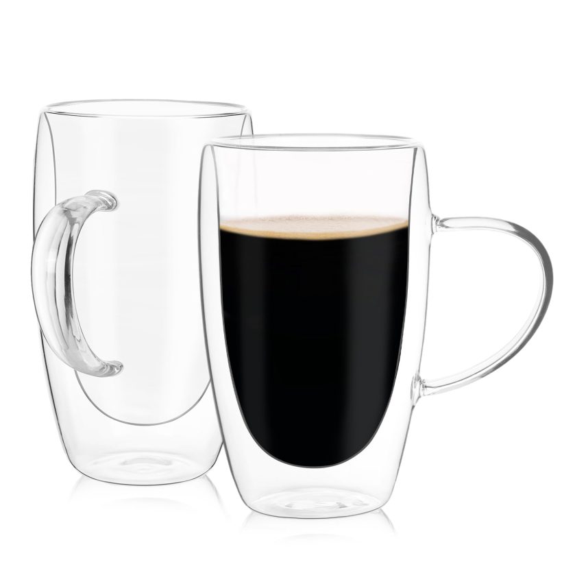 Set of 2 15oz Double Wall Glass Coffee Mugs with Handles – Insulated Clear Espresso Cups for Hot and Cold Beverages