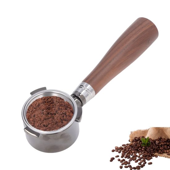 51mm Bottomless Portafilter Coffee Filter Holder with zinc alloy construction and natural wood grip, designed for Delonghi ECP series espresso machines, showcasing the transparent extraction process.