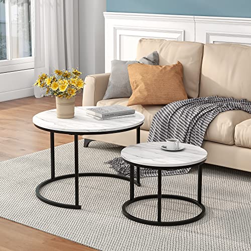 Set of two nesting round coffee tables with a black marble finish, featuring a large and small table with metal frame legs, ideal for living rooms, offices, and small spaces. 