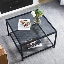 Modern SAYGOER Coffee Table with a 27.6-inch gray tempered glass top and black metal frame. Features a 2-tier design for added storage, suitable for living rooms, offices, and small spaces