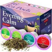 Evening Calm Tea K-Cup Variety Pack with 16 pods, featuring 4 calming flavors – Vanilla Chai, Peppermint, Jasmine, and Green Tea – compatible with Keurig machines for stress relief and relaxation.