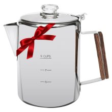 Stainless steel camping coffee percolator brewing over a campfire, showcasing its durable design and ergonomic hardwood handle.