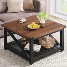 YITAHOME Farmhouse Coffee Table in Brown and Black with Storage Shelf – Rustic Square Coffee Table for Living Room