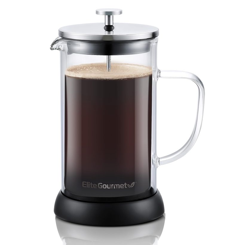 Elite Gourmet 34-Ounce French Press with double wall insulated borosilicate glass, featuring a removable silicone base and advanced filtration system, perfect for brewing coffee, tea, and cold brew.