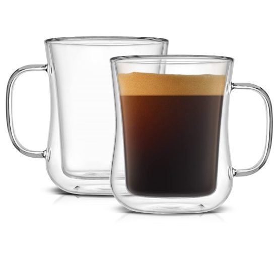 Set of 2 JoyJolt 13.5 Oz Double Wall Glass Coffee Mugs - Insulated Clear Glasses for Hot and Cold Beverages with Handles