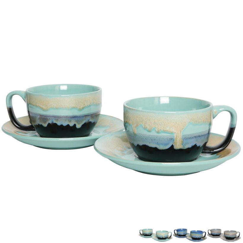 Bosmarlin 10 Oz Ceramic Cappuccino Cups and Saucer Set – Pastel Blue, Dishwasher and Microwave Safe, Ideal for Latte, Espresso, and Tea