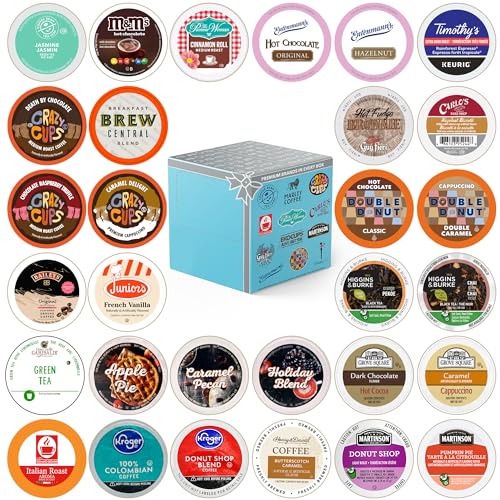 Variety Pack of Coffee, Tea, Hot Chocolate, and Cappuccino Pods for Keurig, showcasing a diverse assortment of 30 single-serve pods and highlighting their compatibility with all Keurig K-Cup machines