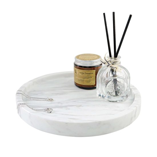 Elegant N NANSHOP Round Marble Vanity Tray with Unique Veining Patterns, perfect for organizing perfumes, jewelry, and candles on a dresser or vanity