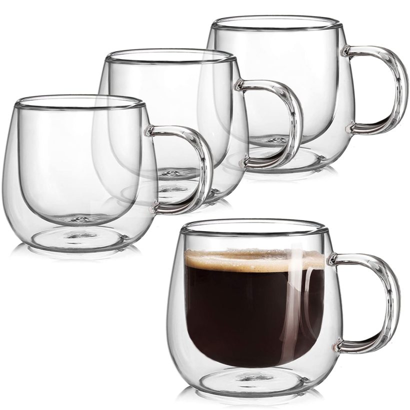 BNUNWISH 10oz Double Wall Insulated Glass Coffee Mugs – Set of 4 with Handle, Clear Glass Cups for Espresso, Latte & Cappuccino