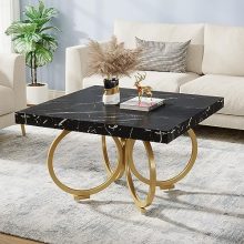 Modern Black and Gold Coffee Table with Faux Marble Top – 31.5 Inch Square Accent Table with Geometric Metal Base for Living Room