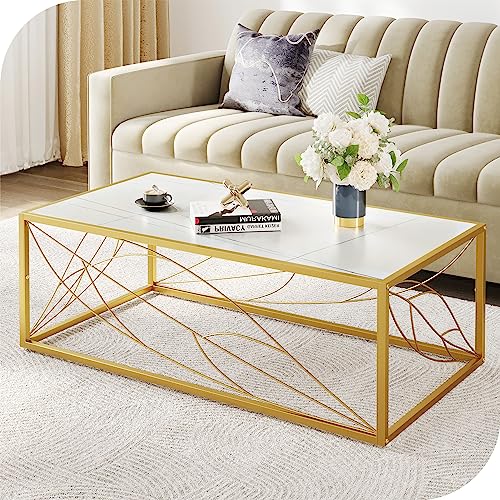 Modern 48-inch coffee table with a marble-patterned slate top and gold leaf accents