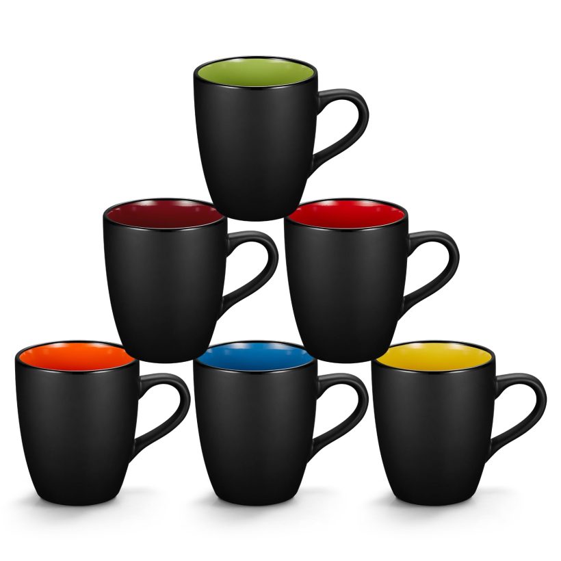 Set of 6 Matte Black Porcelain Coffee Mugs with Colorful Interiors, 12 oz Ceramic Cups for Coffee and Tea 