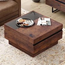 Modern square coffee table with a tempered glass top and walnut wood grain finish, featuring two large hidden storage drawers and a sleek raised base, perfect for contemporary and rustic decor.