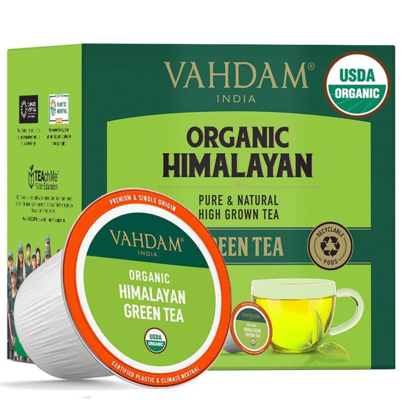 USDA Organic Himalayan Green Tea K-Cups pack featuring 18 recyclable pods, designed for Keurig machines, showcasing a smooth flavor with subtle Orchid and Jasmine notes.