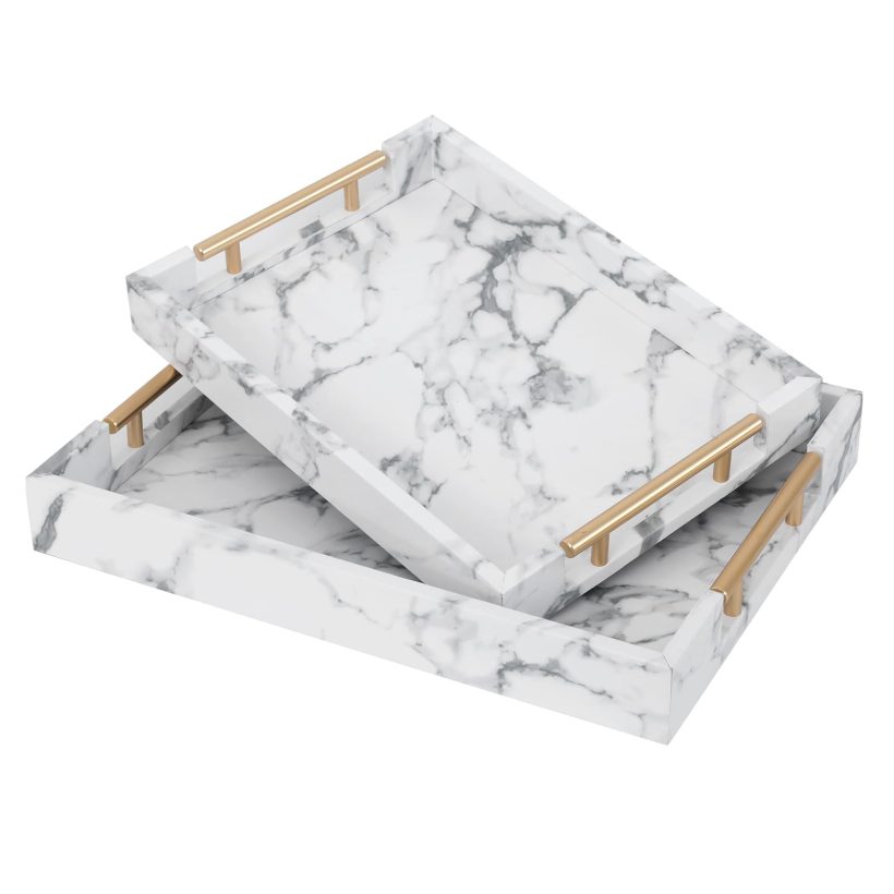 Set of 2 white serving trays with faux marble effect and gold polished metal handles, perfect for coffee table and console decor.