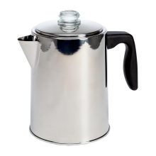 Primula 8-Cup Stovetop Coffee Percolator made of stainless steel with a clear glass knob, non-drip spout, and heat-resistant handle, ideal for home and camping use