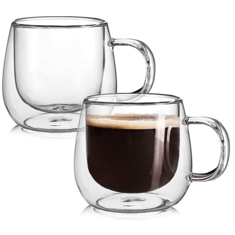 BNUNWISH 16oz Double Wall Glass Coffee Mugs Set of 2 - Clear Insulated Cups with Handles for Espresso, Latte, and Cappuccino