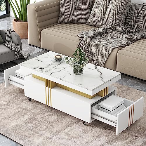 Modern coffee table with a faux marble top, gold metal bars, and caster wheels, featuring two spacious storage drawers, perfect for living rooms and contemporary spaces