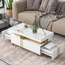 Modern faux marble coffee table with gold metal bars, featuring two storage drawers and lockable casters, ideal for living rooms and offices.