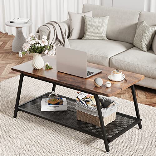 Industrial Coffee Table with Mesh Shelf in Rustic Brown, featuring a sturdy metal frame and 2-tier design.